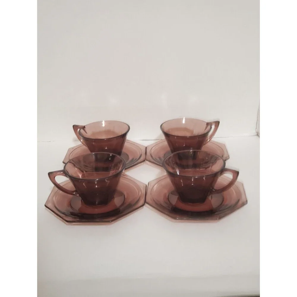 Hazel Atlas Moroccans Amethyst Cups & Saucers Purple Flared Octagon Vtg 8 Pc Set